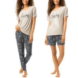 Lucky Brand Women's 3 Piece Pajama Set Tee, Short Pant (Navy Paisley, Medium)